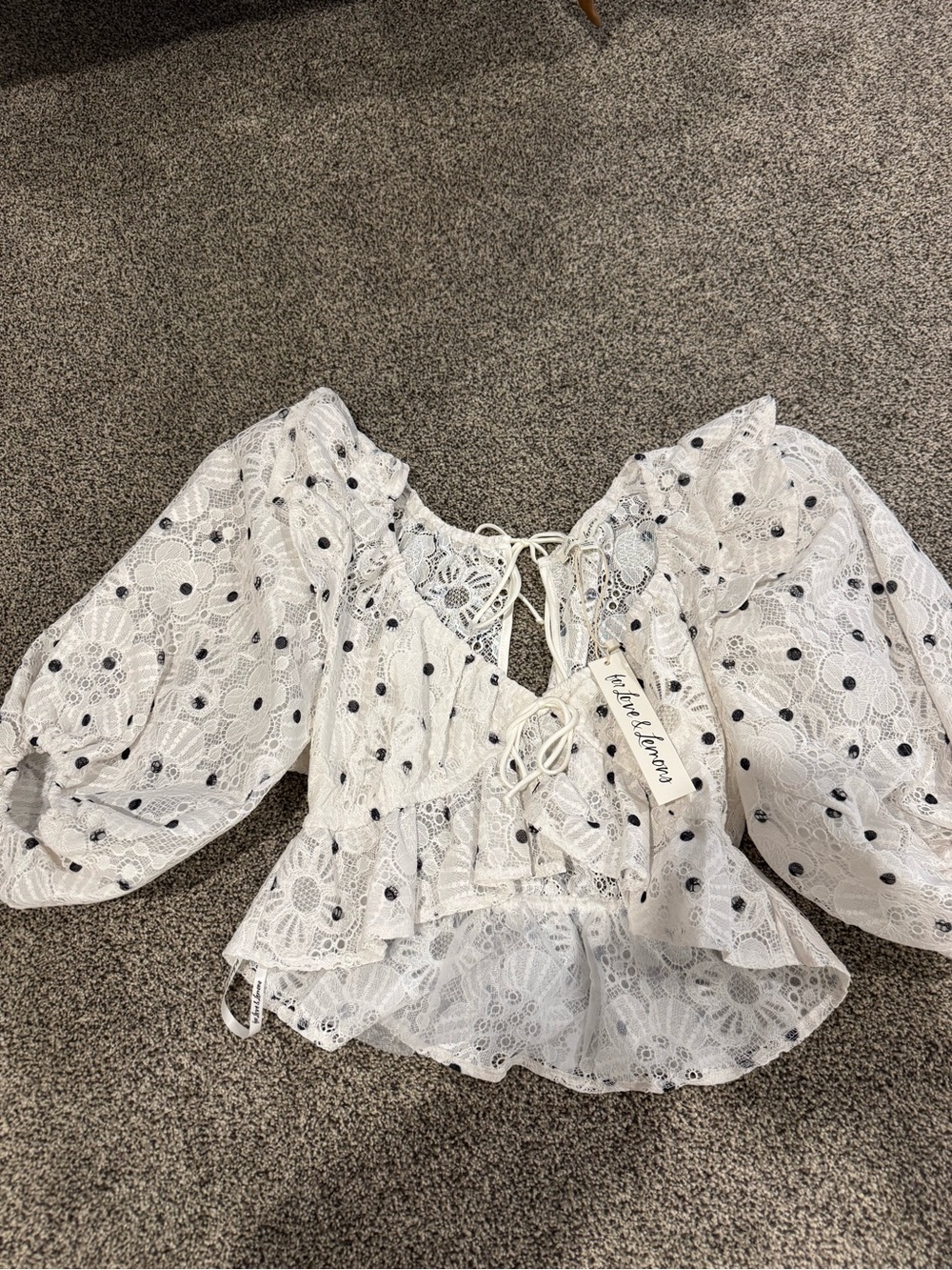 For love & lemons White Eyelet Lace Blouse with Black Dot Embroidery